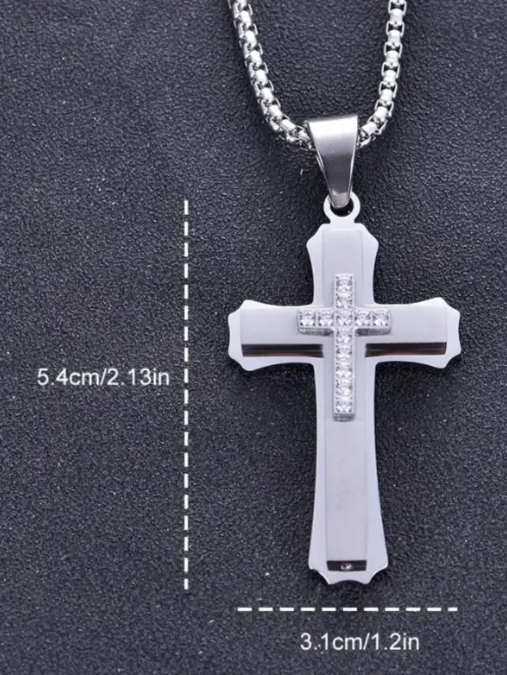 202 Stainless Steel Multi-Layer Cross Pendant Necklace Black Enamel & CZ Stones